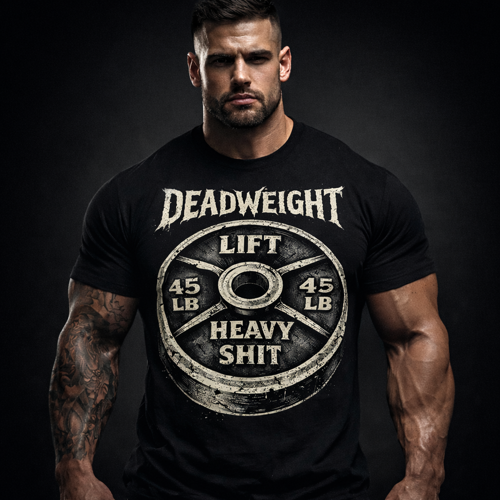 Deadweight Apparel Lift Heavy Shit graphic tee with distressed 45lb plate design on black
