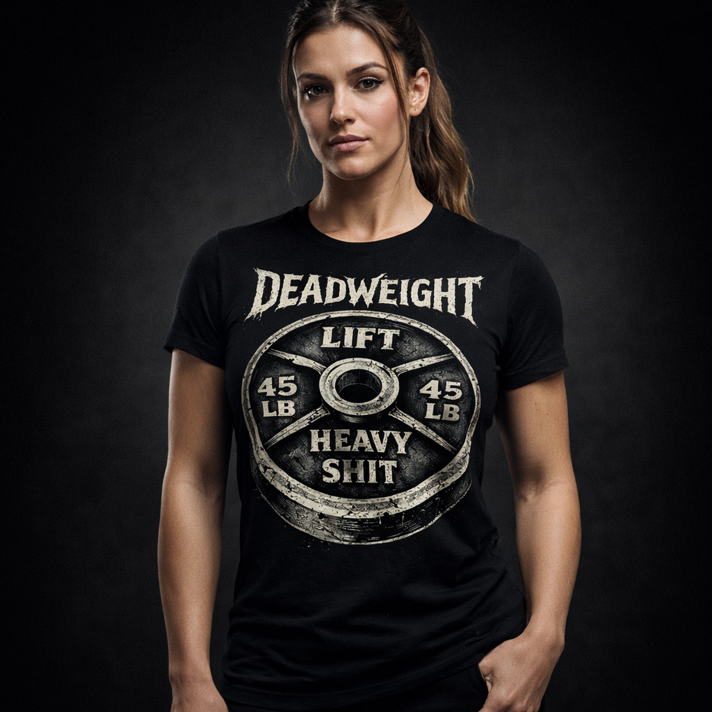 Deadweight Apparel Lift Heavy Shit graphic tee with distressed 45lb plate design on black