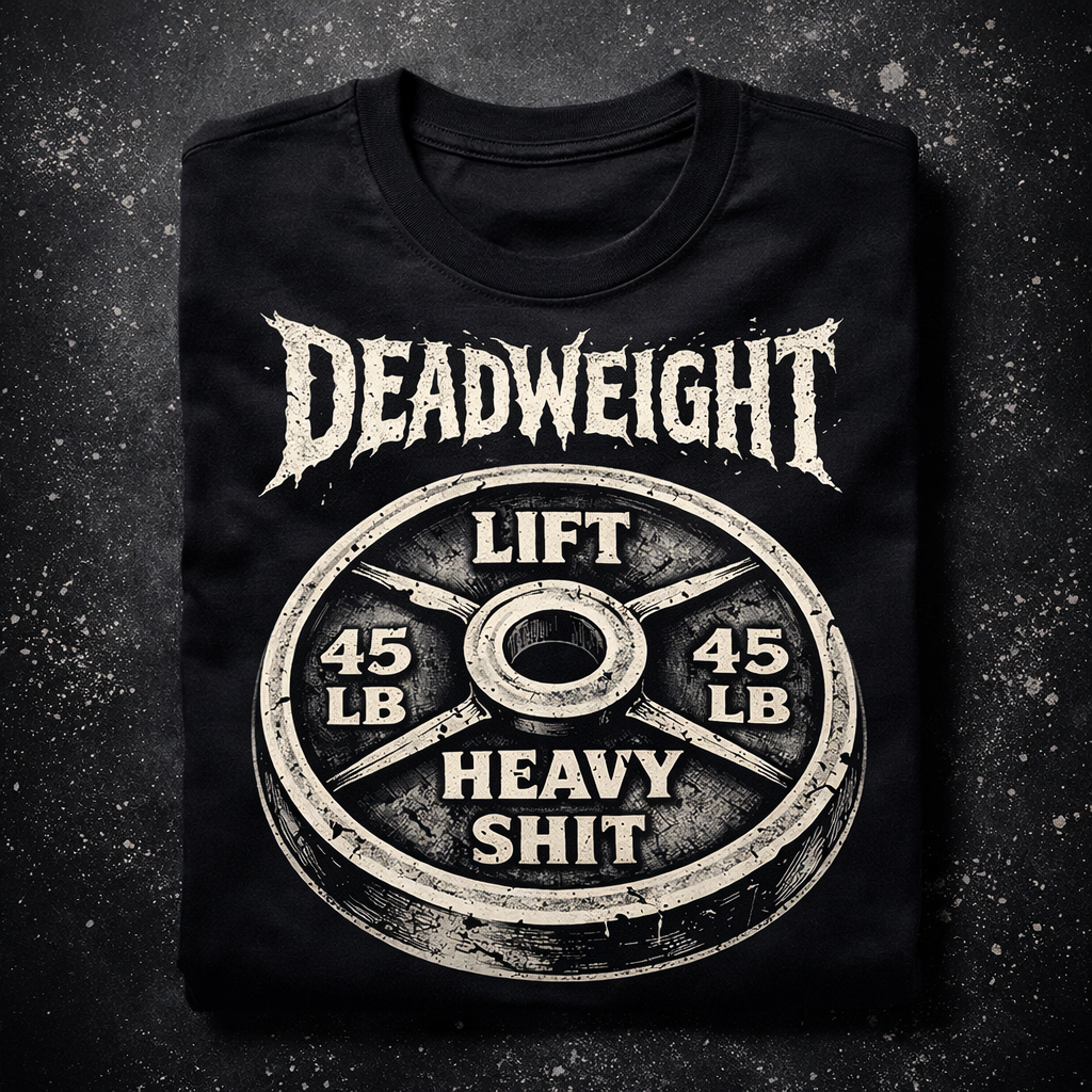 Deadweight Apparel Lift Heavy Shit graphic tee with distressed 45lb plate design on black