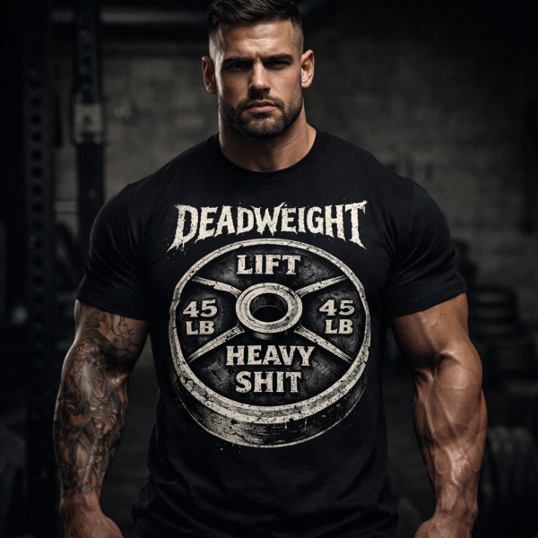 Deadweight Apparel Lift Heavy Shit graphic tee with distressed 45lb plate design on black