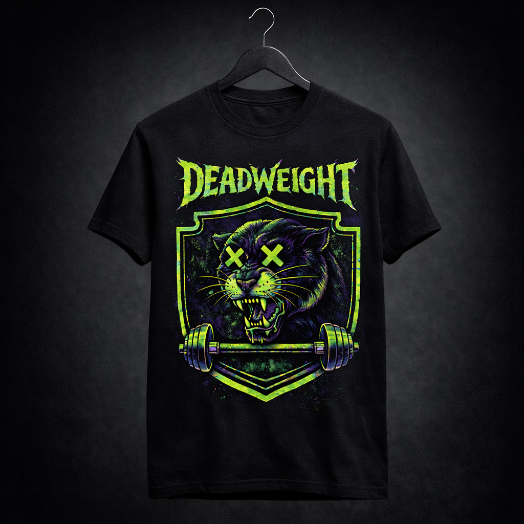 Deadweight Apparel Neon Panther graphic tee with snarling panther and dumbbell design on black